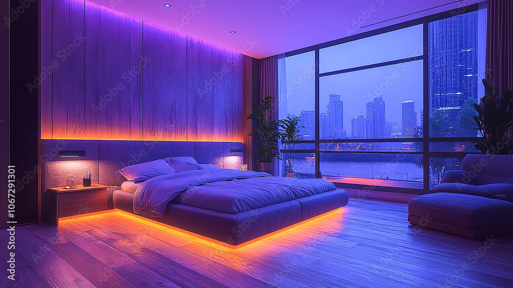 Modern Bedroom With Ambient Lighting and Vibrant City View at Dusk. Generative AI Modern Bedroom With Ambient Lighting and Vibrant City View at Dusk. Generative AI