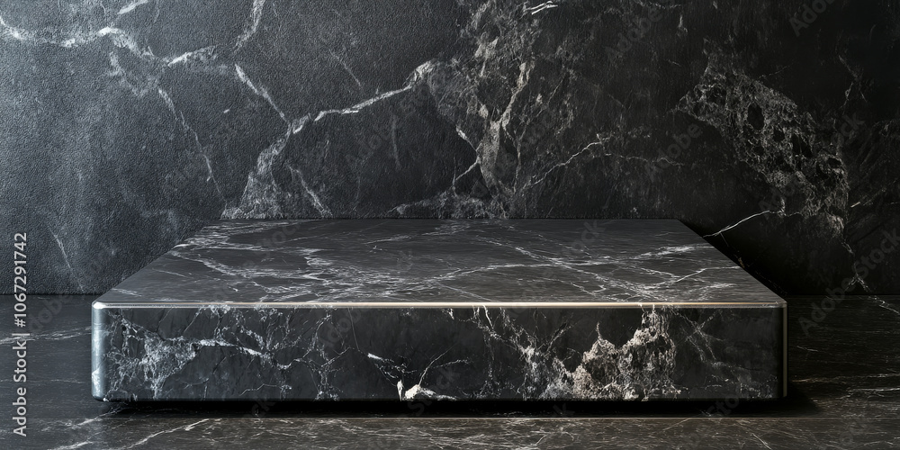 Fototapeta premium A striking black stone podium with glossy and matte surfaces for high-end product presentation, set on a dark marble floor