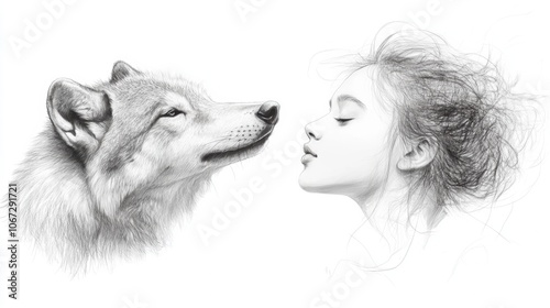 A woman and a wolf face each other in a detailed pencil sketch, capturing a serene connection, AI