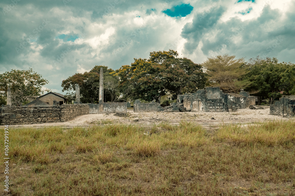 Fototapeta premium View of ruins made from Corol stones at Kaole Ruins - a 13th century trading post and German colonial fort in Bagamoyo, Tanzania 