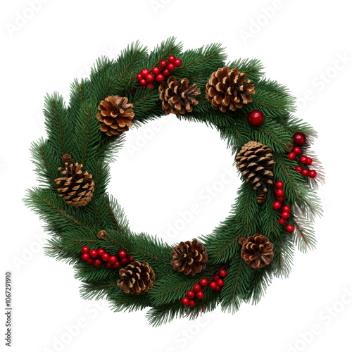 A decorative holiday wreath made with pine cones, red berries, and evergreen branches, perfect for front doors or seasonal decor, isolated on a transparent background