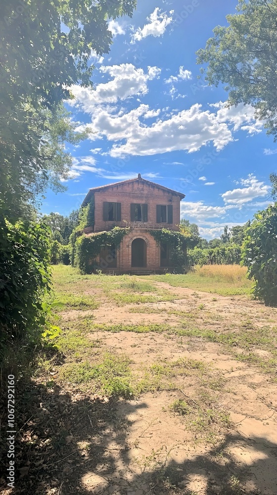 Abandoned house surrounded by greenery under a bright blue sky. Abandoned house surrounded by greenery under a bright blue sky.