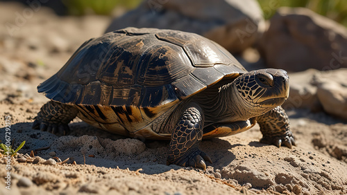 A wise old turtle sunbathing on a rock.