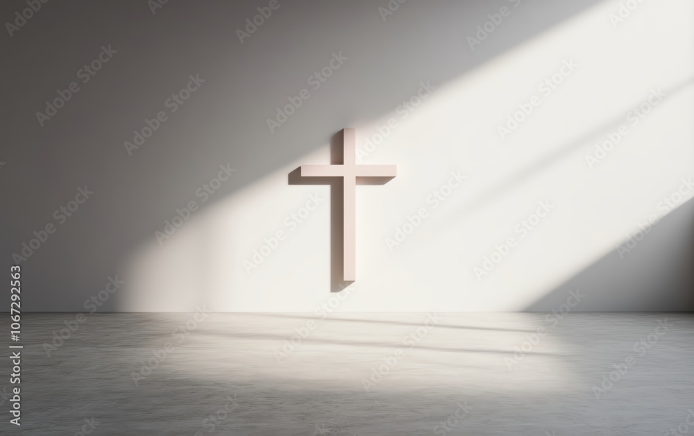 Naklejka premium A simple cross backlit with warm light, mounted on a plain wall, casting long shadows, emphasizing a modern and peaceful representation of faith