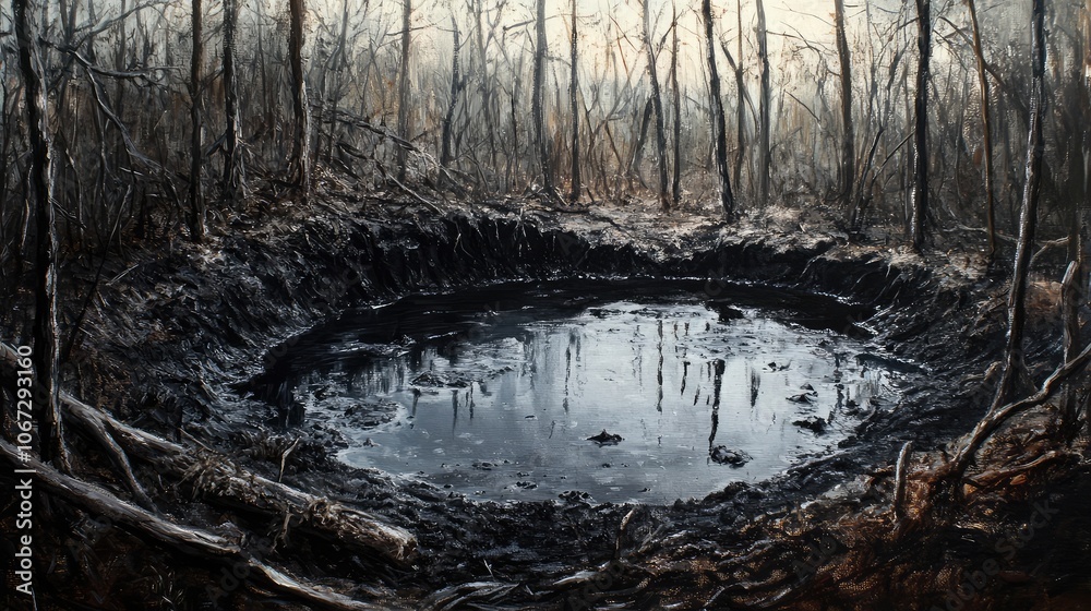 Mysterious tar pit nestled in an empty forest, thick, viscous tar gleaming under sparse light and barren, skeletal branches. Mysterious tar pit nestled in an empty forest, thick, viscous tar gleaming under sparse light and barren, skeletal branches.