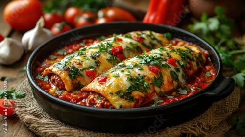 A delicious meal of pasta with cheese and spices served on a black skillet, accompanied by herbs and tomatoes. photo