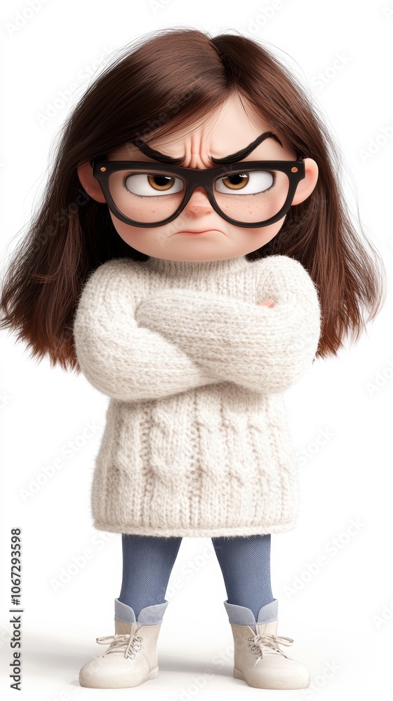 Young girl with glasses and a grumpy expression stands with arms crossed, AI Young girl with glasses and a grumpy expression stands with arms crossed, AI