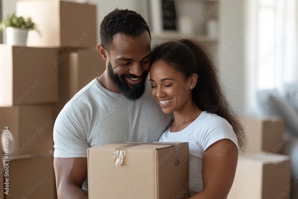 A joyful couple embraces while preparing to move, surrounded by boxes in their bright new living space, indicating excitement and new beginnings. A joyful couple embraces while preparing to move, surrounded by boxes in their bright new living space, indicating excitement and new beginnings.