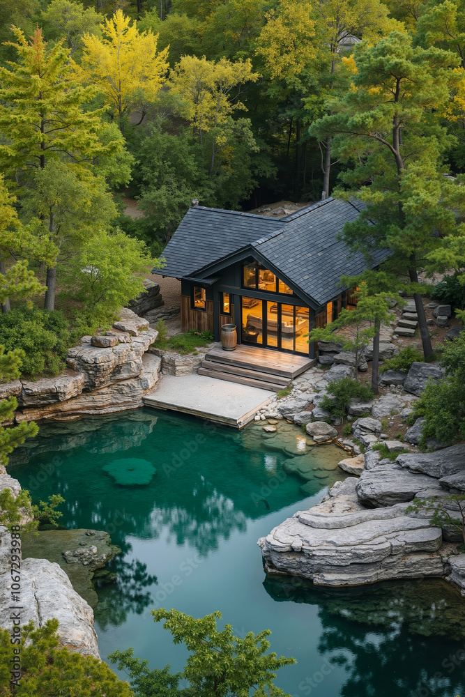 A house in the middle of a forest next to a body of water A house in the middle of a forest next to a body of water