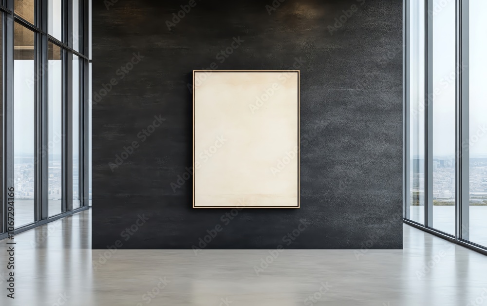 Modern gallery with a minimalist black wall, centered frame illuminated by soft yet focused lighting, high contrast setting Modern gallery with a minimalist black wall, centered frame illuminated by soft yet focused lighting, high contrast setting