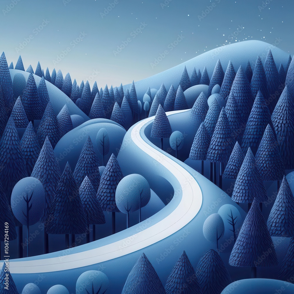 Obraz premium A serene winter landscape featuring a winding road through snow-covered hills and trees, evoking a calm, peaceful atmosphere.