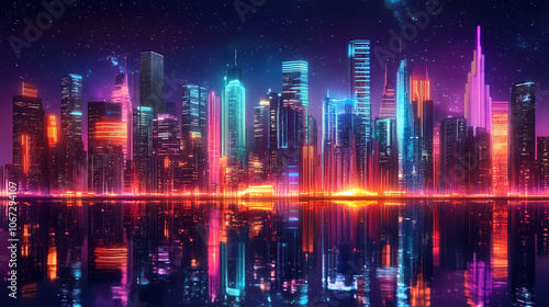 Scifi futuristic city skyline panorama, 3d illustration. Futuristic. Illustration