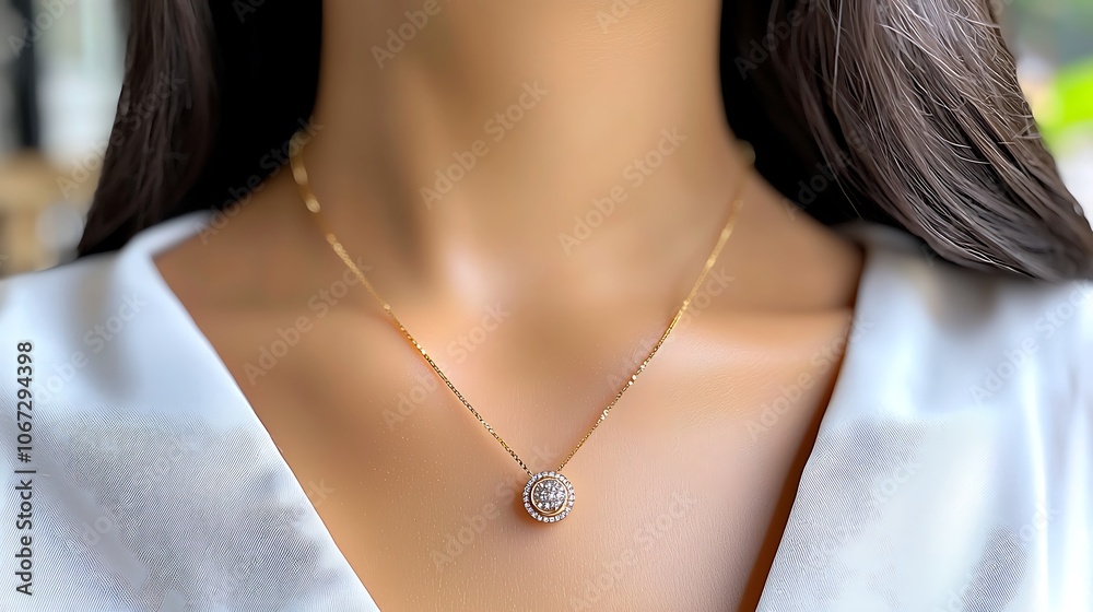 The necklace on the mannequin features a delicate gold chain with a small circular pendant encrusted with shimmering rhinestones, creating a glamorous and elegant look. The necklace on the mannequin features a delicate gold chain with a small circular pendant encrusted with shimmering rhinestones, creating a glamorous and elegant look.
