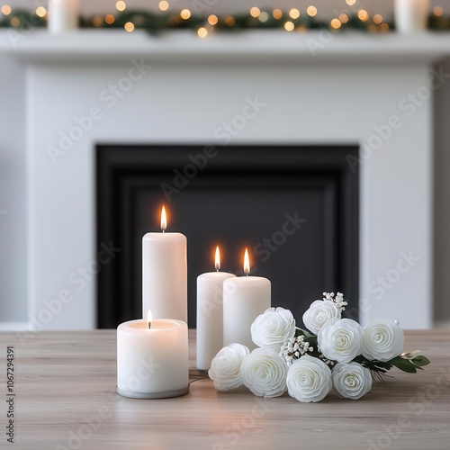 A serene arrangement of white candles and flowers, creating a cozy ambiance near a fireplace, evoking warmth and tranquility. photo