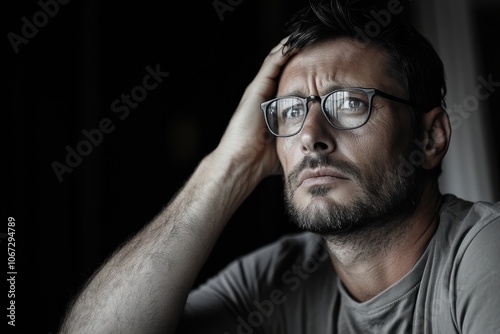 A thoughtful depiction of a man wearing glasses, staring reflectively into the distance, which captures his expressive depth and intense concentration.