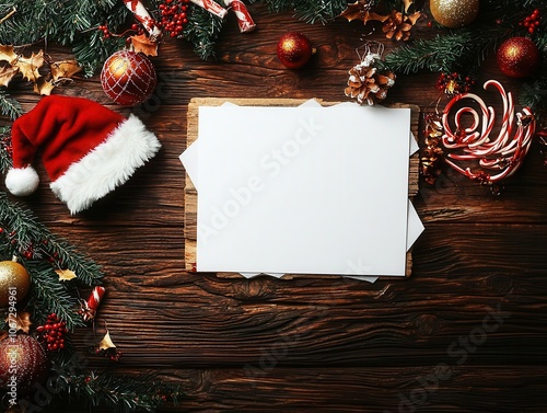 A festive scene featuring a blank sheet of paper surrounded by Christmas decorations, including ornaments, pine, and a Santa hat. photo