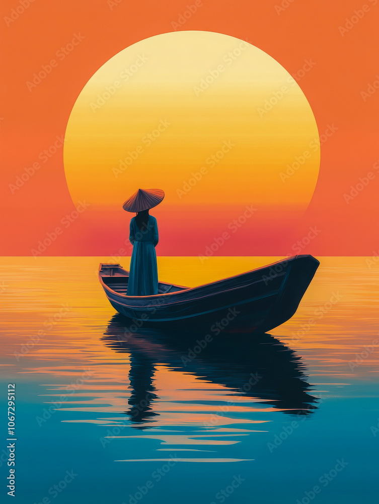 A serene silhouette of a person standing in a boat on calm waters with a vibrant orange and yellow sunset creating a peaceful ambiance A serene silhouette of a person standing in a boat on calm waters with a vibrant orange and yellow sunset creating a peaceful ambiance