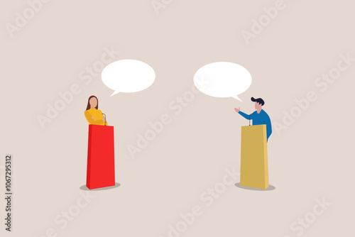 woman and man debating, Concept of political debate with two candidates behind their desks, who are fighting for leadership and gaining power