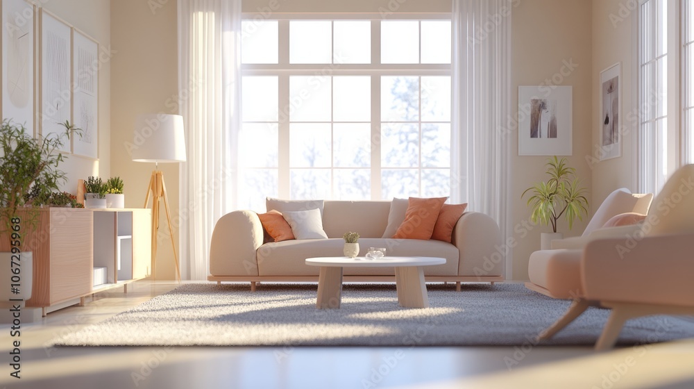 Fototapeta premium Modern Living Room with Beige Sofa and Large Windows