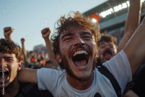 An ecstatic young man in a crowd jubilantly raises his arms and shouts in celebration, drenched in sweat under the sunlight during an exciting event. photo