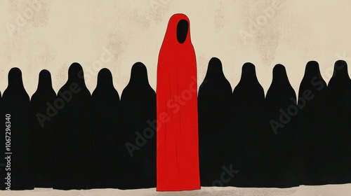 Exploring identity and social dynamics through the contrast of red and black figures in contemporary art