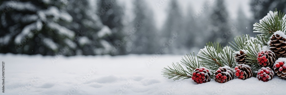 Fototapeta premium Christmas decoration on a tree, Christmas tree with red decoration, Christmas tree branches background.