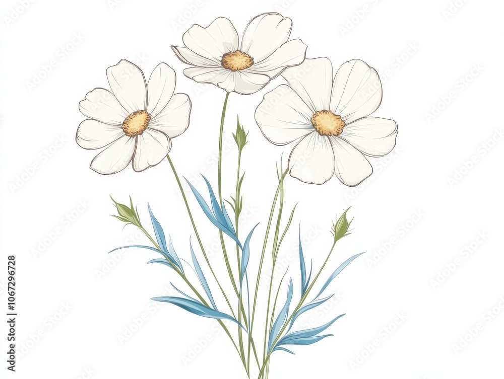 Fototapeta premium Delicate white flowers on stems with green leaves against a soft background