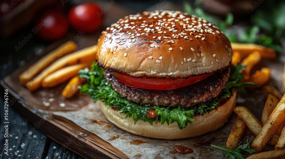 A close-up view of a tasty hamburger and some crispy cheese fries. A close-up view of a tasty hamburger and some crispy cheese fries.