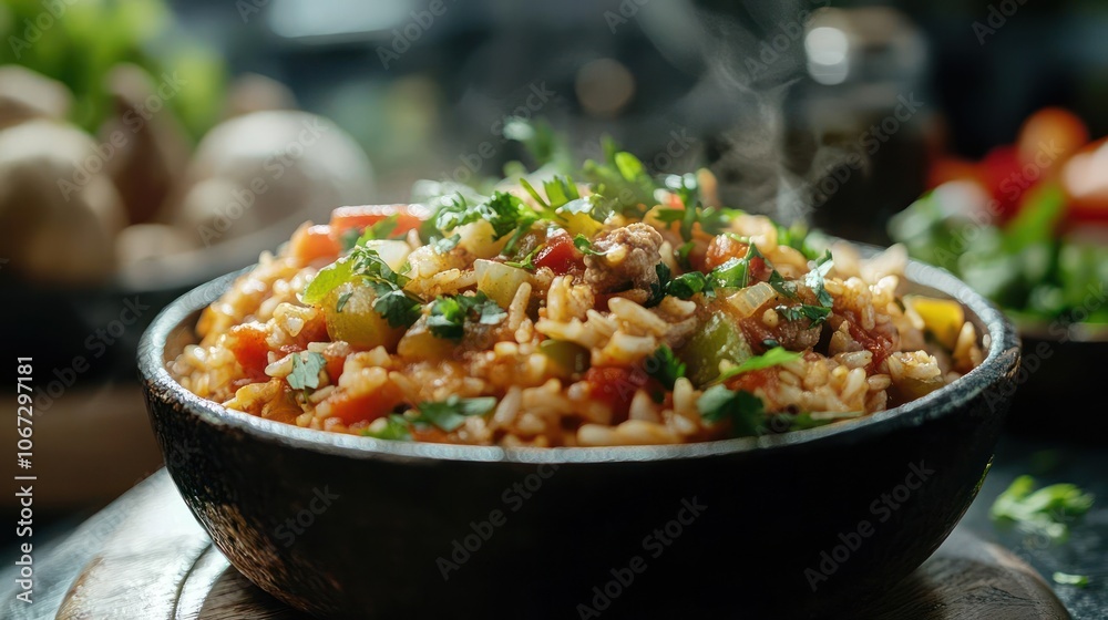 Delicious dish in a black bowl, topped with spices and fresh herbs. Delicious dish in a black bowl, topped with spices and fresh herbs.