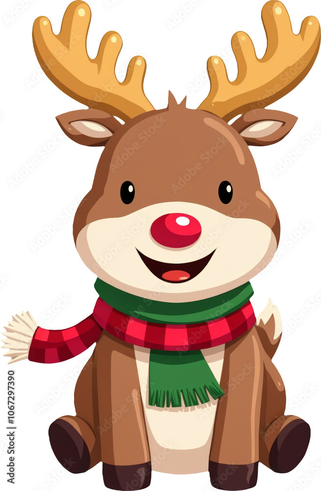 Obraz premium A cute cartoon reindeer with a red nose, wearing a green and red scarf. This friendly reindeer adds a cheerful holiday vibe and is ideal for Christmas decor. Transparent background.