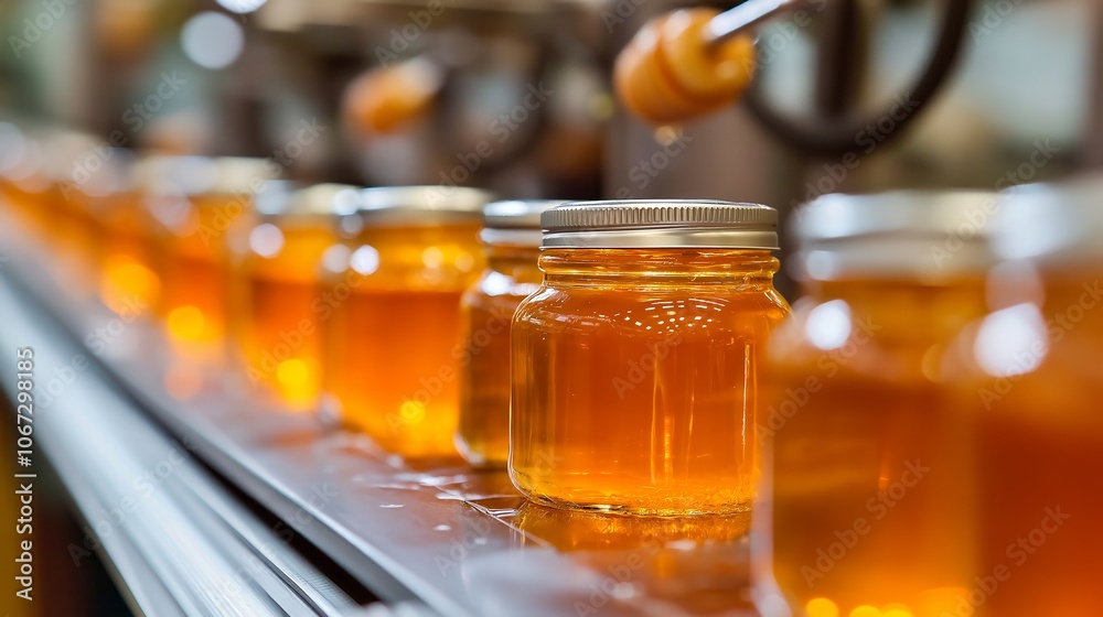 honey in glass jars at the production honey in glass jars at the production