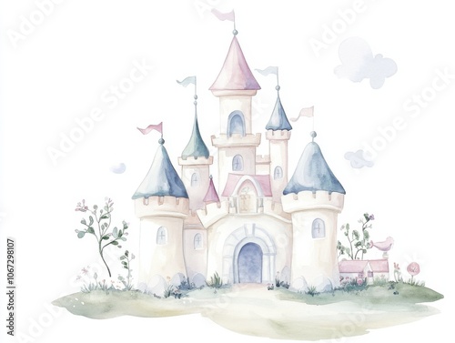 Whimsical watercolor castle with flags and floral surroundings