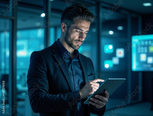 man business suit work with tablet