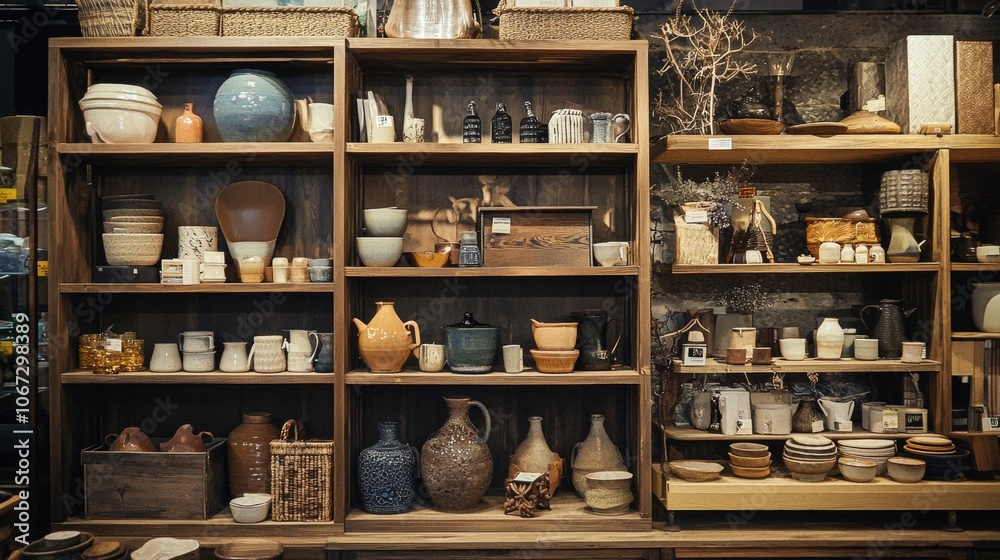 Variety of rustic ceramic pottery on wooden shelves Variety of rustic ceramic pottery on wooden shelves