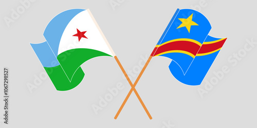 Crossed and waving flags of Djibouti and Democratic Republic of the Congo. Vector illustration