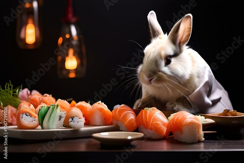 a himalayan rabbit expertly crafting sushi rolls in a modern sle