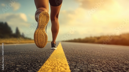 Runner s Foot On Road With Yellow Line At Sunset photo