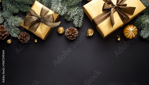 Christmas and New Year holiday background. Xmas greeting card. Christmas gifts on black background top view.
