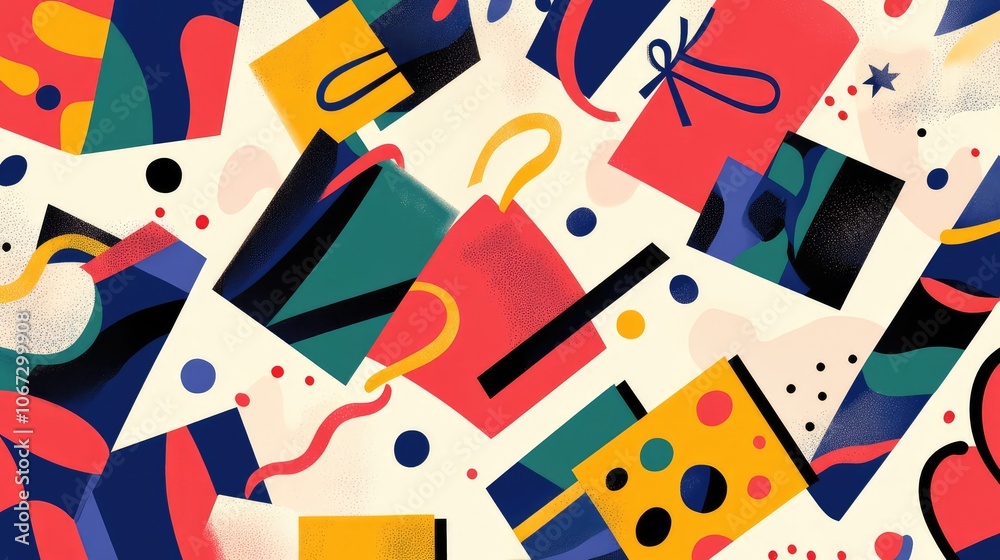 Holiday gift boxes in geometric vector style with bright colors and abstract ribbons, scattered in a playful pattern. Holiday gift boxes in geometric vector style with bright colors and abstract ribbons, scattered in a playful pattern.