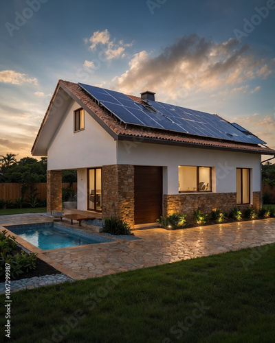 Modern House with Photovotaic Solar Panel Instalation at a roof at suset, space for text