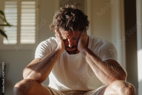 A man sits with his hands on his face, immersed in brooding contemplation, as bright light from a window accentuates the expressive shadows on his figure.