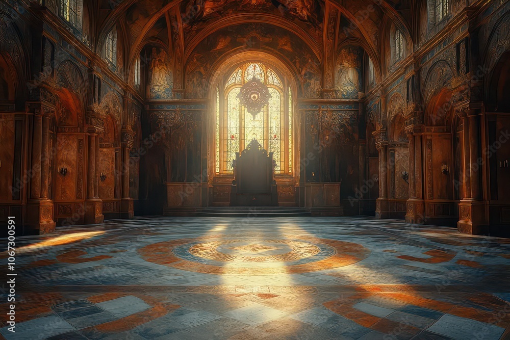 Obraz premium intricately designed empty throne situated in a grand castle hall exuding regality and mystery with rich textures and shadows enhancing the majestic atmosphere