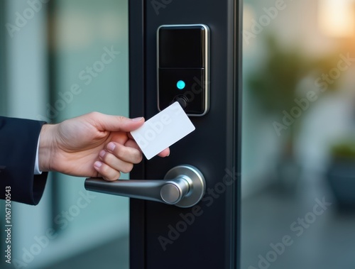 A man applies an access card to a reader, close-up. Access control and management system. Security and safety photo