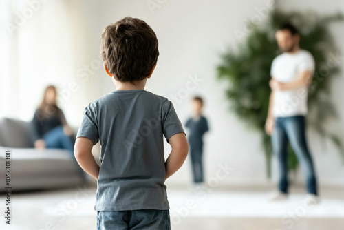 emotional family conflict scene, living room setting, child's perspective photo