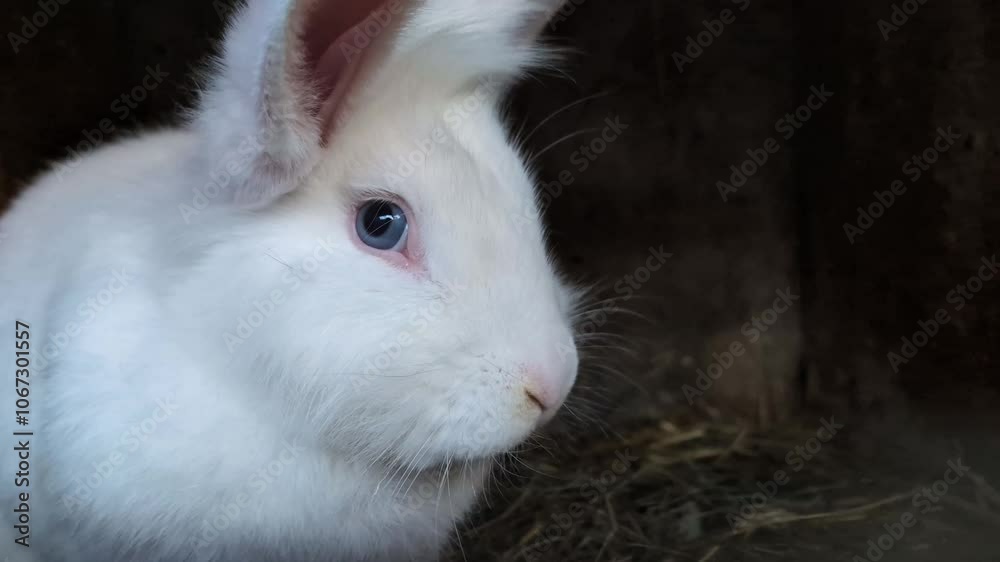 Close up of cutest white bunny rabbit with blue eyes, moving with his nose, domestic animals concept. Close up of cutest white bunny rabbit with blue eyes, moving with his nose, domestic animals concept.