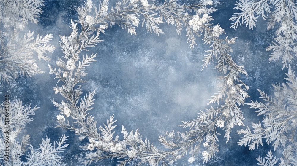 Detailed frost branches curling into a festive, circular pattern on a blue and silver background, resembling a frosty wreath. Detailed frost branches curling into a festive, circular pattern on a blue and silver background, resembling a frosty wreath.