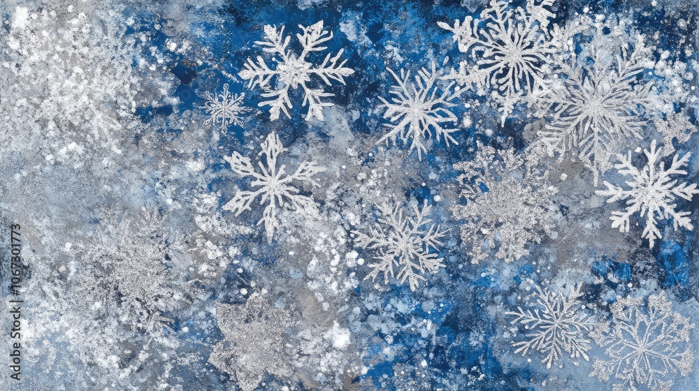 Detailed frost texture with snowflake clusters in blue and silver, forming abstract holiday patterns on glass. Detailed frost texture with snowflake clusters in blue and silver, forming abstract holiday patterns on glass.