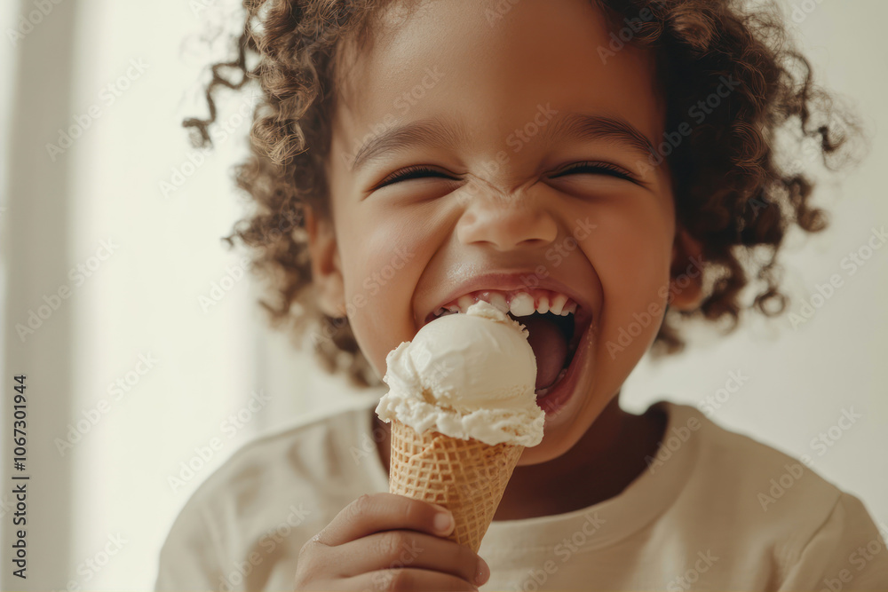 A Joyful Child Enjoys a Delicious Ice Cream Cone in a Cozy Indoor Setting A Joyful Child Enjoys a Delicious Ice Cream Cone in a Cozy Indoor Setting