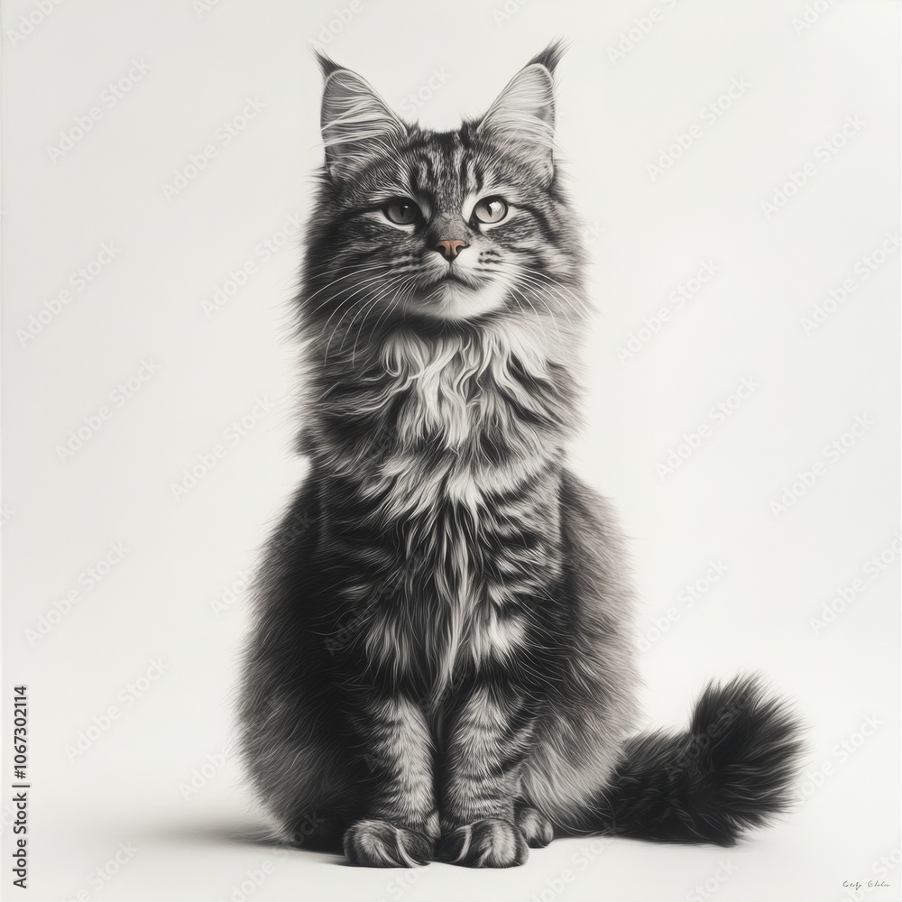 Proud Maine Coon Cat Displaying Fluffy Coat and Long Tail Against White Background, Emphasizing Strength and Majesty Proud Maine Coon Cat Displaying Fluffy Coat and Long Tail Against White Background, Emphasizing Strength and Majesty