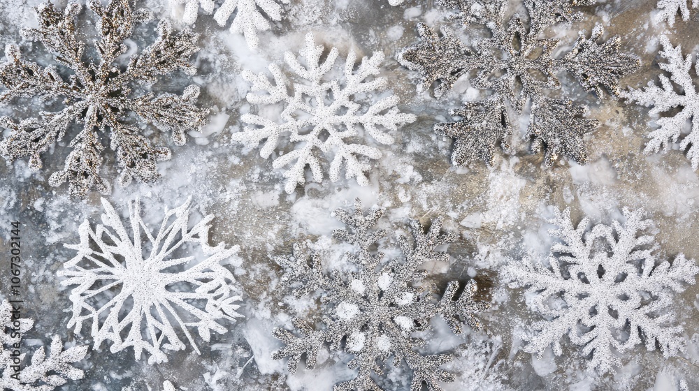 Frozen snowflakes with metallic frost patterns in silver and white, creating a Christmas-inspired abstract design.